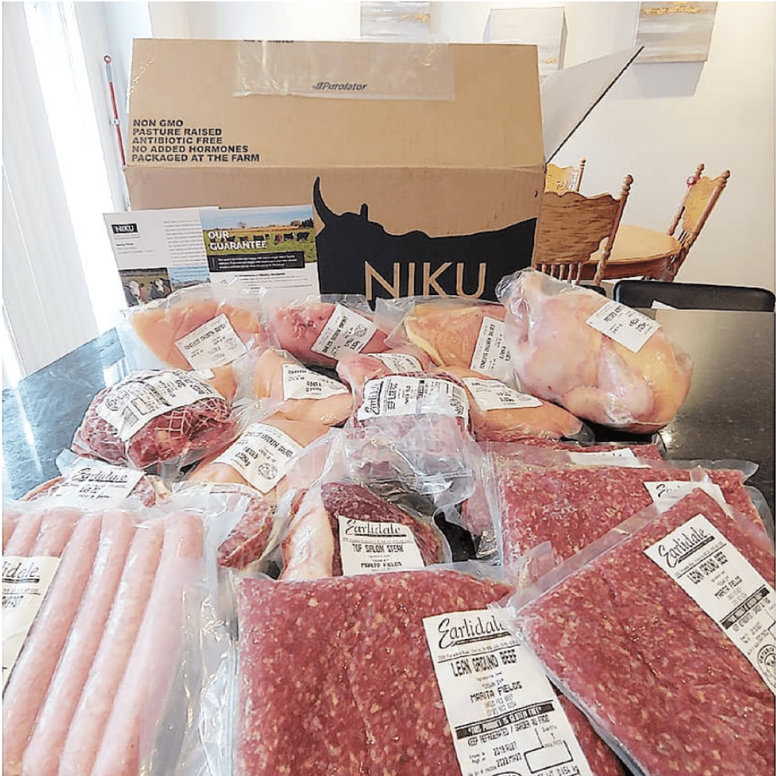 vacuum sealed meats on a table with Niku Farms' box in the background